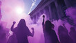 Photograph of a group of women closing fist of up high in front of government building. Purple smoke color palette. Women's day. 8M