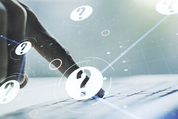 Aufkleber - Creative concept of question mark illustration and hands typing on laptop on background. FAQ and search concept. Multiexposure