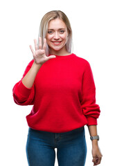 Poster - Young blonde woman wearing winter sweater over isolated background showing and pointing up with fingers number five while smiling confident and happy.