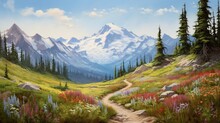 An Intricately Detailed Mountain Vista Portraying A Winding Trail Leading Through Lush Valleys, Vivid Wildflowers, And Distant Snow-covered Summits - Generative AI