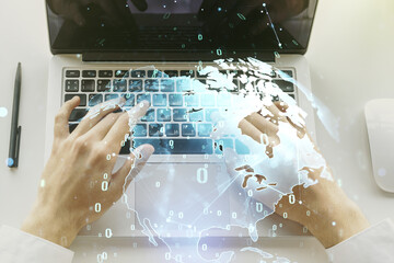 Poster - Multi exposure of abstract creative coding sketch with world map and hands typing on computer keyboard on background, artificial intelligence and neural networks concept