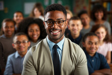 Generative AI Illustration Of Smiling Black Male Teacher In Glasses With A Group Of High School Students In The Background