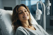 © ADDICTIVE STOCK - Generative AI image of a smiling woman lying in a hospital bed with an IV drip in the background, conveying a sense of recovery and optimism