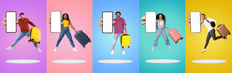 Five happy travelers jumping with suitcases and blank smartphones