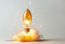 Light Bulb Taking Off Like Rocket On White Background, Startup And Business Concept.