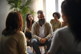 Fototapeta  - Multiethnic male talking and sharing thoughts with diverse people participate in group psychological session together. Mental therapy.