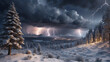 Thundersnow, also known as a winter thunderstorm, a rare weather phenomenon. Dramatic lighting bolts in dark grey sky with clouds. View of the city from a snowy pine forest, mountains in the backgroun