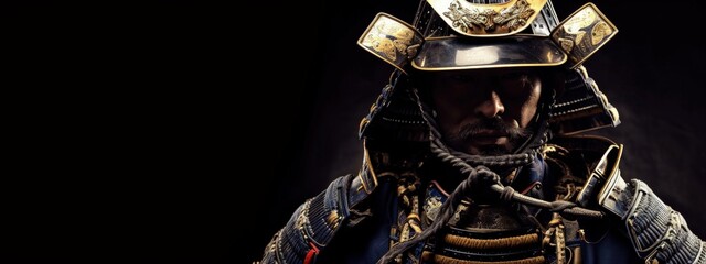 Wall Mural - Samurai warrior with armor on black background, concept of tradition and martial arts.