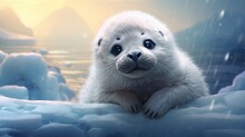 An Ultra-detailed Depiction Of A Fluffy Baby Seal Resting On An Ice Floe, Its Soft Fur And Large Eyes Portrayed With Exquisite Detail - Generative AI
