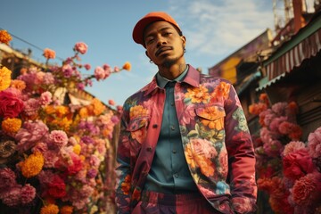 A vibrant man stands tall, adorned in a colorful jacket, against a backdrop of clear blue skies and surrounded by a sea of blooming flowers, exuding confidence and bold fashion sense