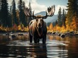 A majestic moose stands tall in a tranquil lake, its antlers mirrored in the still waters, surrounded by lush trees and the vastness of nature
