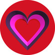 3D-Rahmen in Herzform - mehrfarbiges (rot, rosa, weinrot/lila-blau) Herz auf rotem Kreis