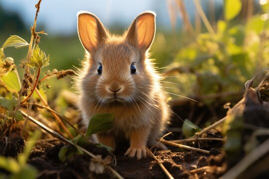 A curious mountain cottontail stands among the grass, a symbol of wild beauty and domestic charm in the great outdoors