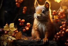 A Curious Douglas Squirrel Surveys Its Forest Kingdom From Atop A Mossy Log Adorned With Vibrant Berries And Autumn Leaves