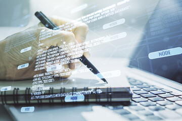Leinwandbilder - Multi exposure of abstract software development hologram and hand writing in notebook on background with laptop, research and analytics concept
