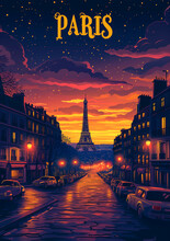 Paris France Poster With Text "PARIS" In Font, French Architecture, Cityscape, Graphic Design Inspired Illustration Style, Flatness Of Space, Night Light Atmosphere, Travel. Vacation Destination Conce