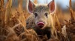 A curious domestic piglet stands tall in a lush field of grass, surrounded by the wild beauty of its terrestrial suidae family