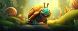 Cheerful animated turtle on a sunny forest pathway with vibrant flora.