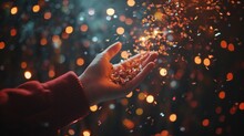 A Hand Reaches For Confetti In A Dark Room With Festive Lights.New Year Themed Greetings    
