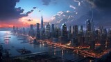 Fototapeta Uliczki - An ultra-realistic depiction of a bustling cityscape at twilight, featuring hyper-detailed skyscrapers, intricate street details, and cinematic lighting effects - Generative AI