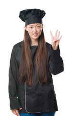 Sticker - Young Chinese woman over isolated background wearing chef uniform showing and pointing up with fingers number four while smiling confident and happy.