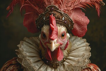 Wall Mural - Chicken Rooster An animal in Renaissance clothes, in a baroque suit, a close-up portrait of a past era, fashionable vintage retro style