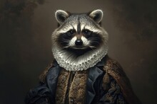 Raccoon An Animal In Renaissance Clothes, In A Baroque Suit, A Close-up Portrait Of A Past Era, Fashionable Vintage Retro Style