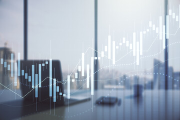 Poster - Multi exposure of abstract financial diagram and modern desk with computer on background, banking and accounting concept