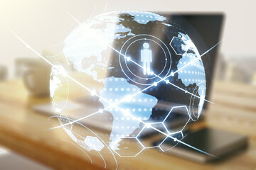 Aufkleber - Social network media concept with world map and modern desktop with pc on background. Double exposure