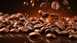 Floating roasted coffee beans cascading in the air with a rich brown background, creating an aromatic sense of freshness and quality coffee concept