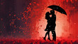 Silhouettes of a man and woman in profile under an umbrella on a red background with hearts. Valentine's day concept. Copy space.