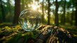Environment conservation concept. Close up of glass globe in the forest   
