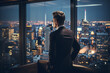 A sophisticated gentleman in a tailored suit and a black and silver pocket square, thoughtfully gazing out a floor-to-ceiling window overlooking a bustling cityscape at dusk