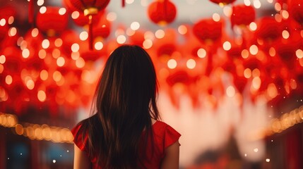 Asian woman celebrating new year eve on a blurred holiday background. View from the back