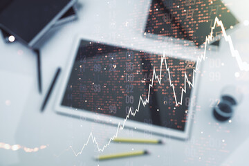 Poster - Multi exposure of abstract creative financial chart with world map and digital tablet on background, top view, research and analytics concept