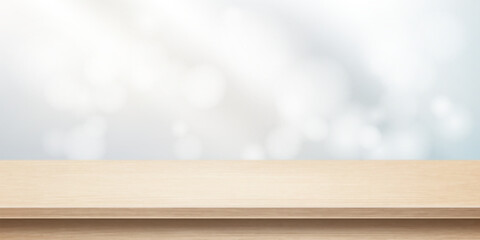 Wood table top on bokeh abstract background. Kitchen top made of timber board. Light wooden tabletop. Realistic vector illustration