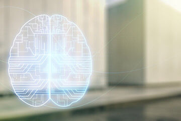Aufkleber - Double exposure of creative artificial Intelligence interface on modern business center exterior background. Neural networks and machine learning concept