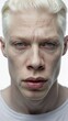 Close-up portrait of a young handsome albino man against a white background.