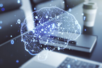 Poster - Creative artificial Intelligence concept with human brain sketch on modern computer background. Double exposure