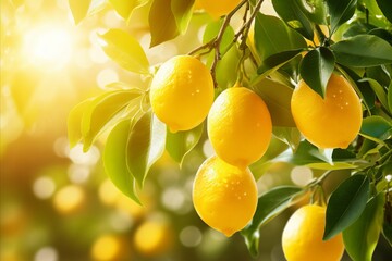 Wall Mural - Organic ripe yellow lemons growing on citrus branches with green leaves in sunny fruiting garden