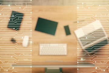Aufkleber - Creative abstract micro chip hologram on modern computer background, artificial intelligence and machine learning concept. Multi exposure