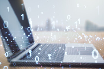 Aufkleber - Creative concept of binary code illustration on modern laptop background. Big data and coding concept. Multiexposure