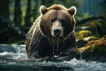 A majestic grizzly bear stands tall in the flowing river, its powerful snout sniffing the crisp outdoor air as it takes in the beauty of its natural habitat