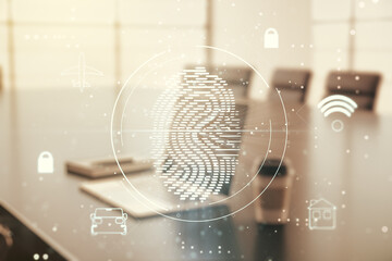 Aufkleber - Double exposure of abstract creative fingerprint hologram on computer background, protection of personal information concept