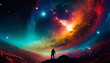 Exploring universe mysteries, silhouette of human discovering fantasy landscape, colorful sky