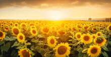 Golden Sunrise Over A Field Of Sunflowers, With The Light Casting A Glow Over The Blooms