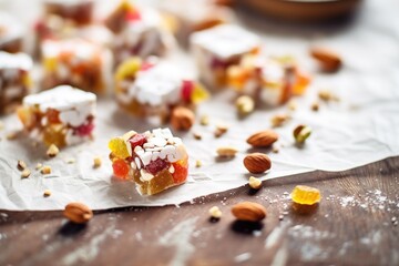 turkish delight pieces with walnut filling, close-up, on parchment paper