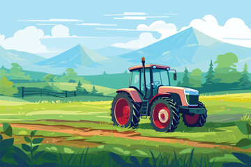 Agriculture, tractors and harvester working in the field, harvesting, sunny day, vector flat illustration