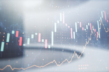 Aufkleber - Abstract creative financial graph interface and world map on empty corporate office background, forex and investment concept. Multiexposure