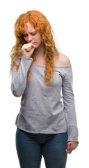 Poster - Young redhead woman feeling unwell and coughing as symptom for cold or bronchitis. Healthcare concept.